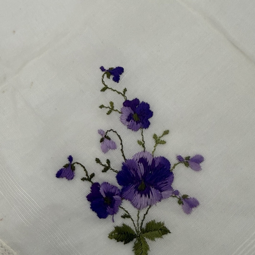 Vtg Handmade Hanky Embroidered Purple Flowers